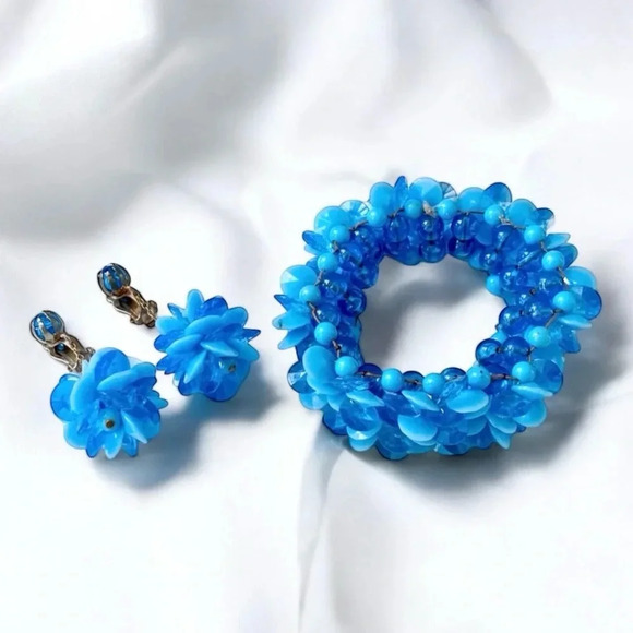 Western Germany Jewelry - Vintage Ocean Blue West Germany Cluster Bead Earrings & Chunky Bead Bracelet.